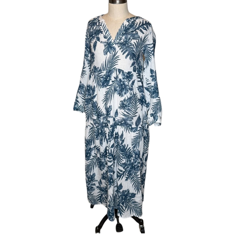 FELICITE Gauze Boyfriend Maxi Dress Navy Palm Print Size‎ 2 US Small Vacay NWT